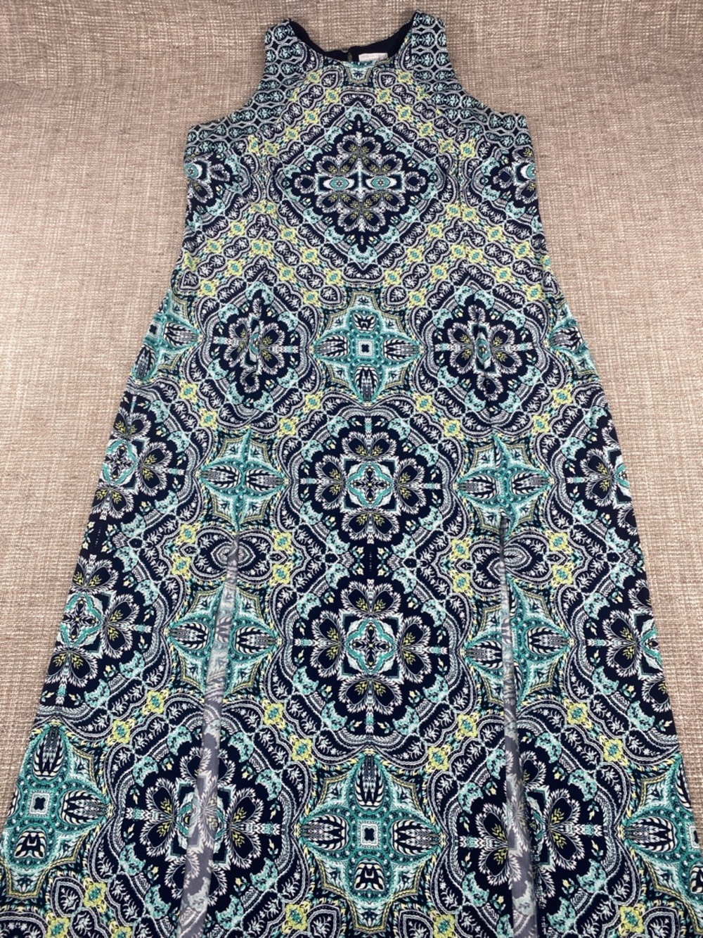 London Times Navy, Teal, and Yellow Printed A-Line